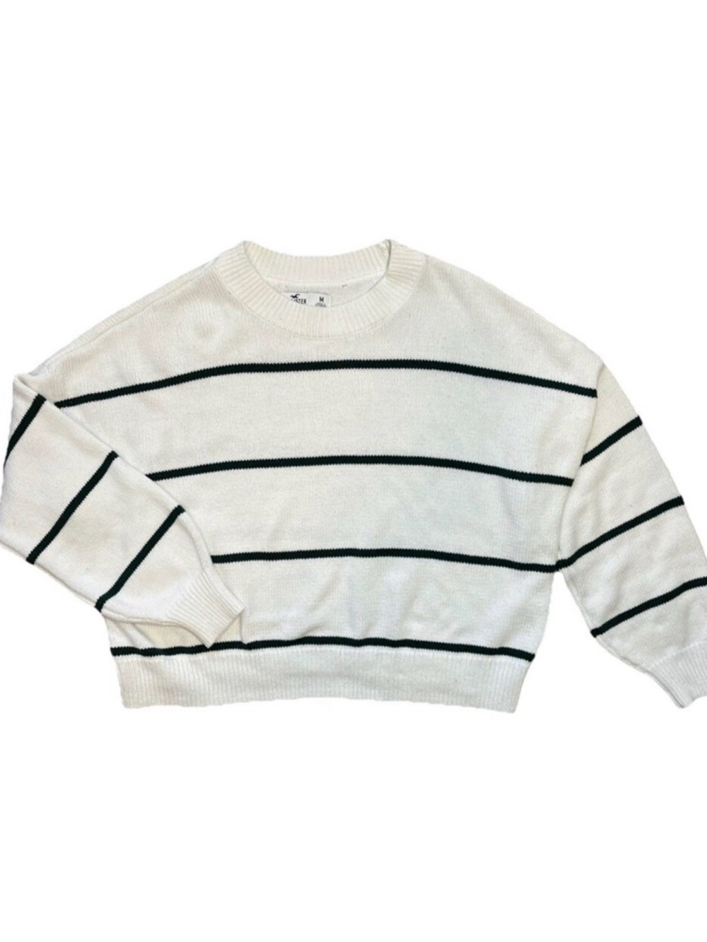 Hollister Women's White Green Cropped Striped Pullover Sweater Crew Neck Size M